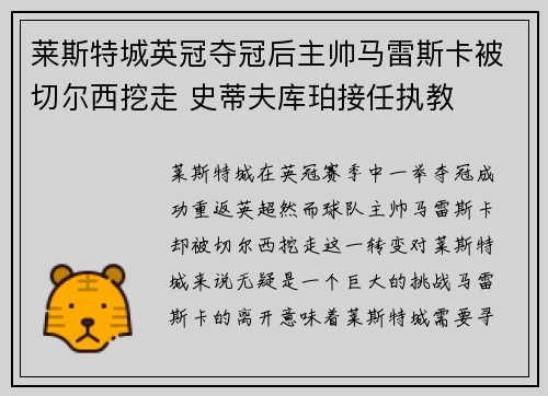 莱斯特城英冠夺冠后主帅马雷斯卡被切尔西挖走 史蒂夫库珀接任执教